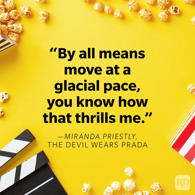 Funniest Movie Quotes Of All Time on movie theatre conceptual background with popcorn, 3d glasses and clapperboard on yellow background