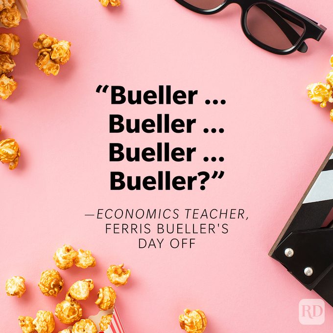 Funniest Movie Quotes Of All Time on movie theatre conceptual background with popcorn, 3d glasses and clapperboard on pink background