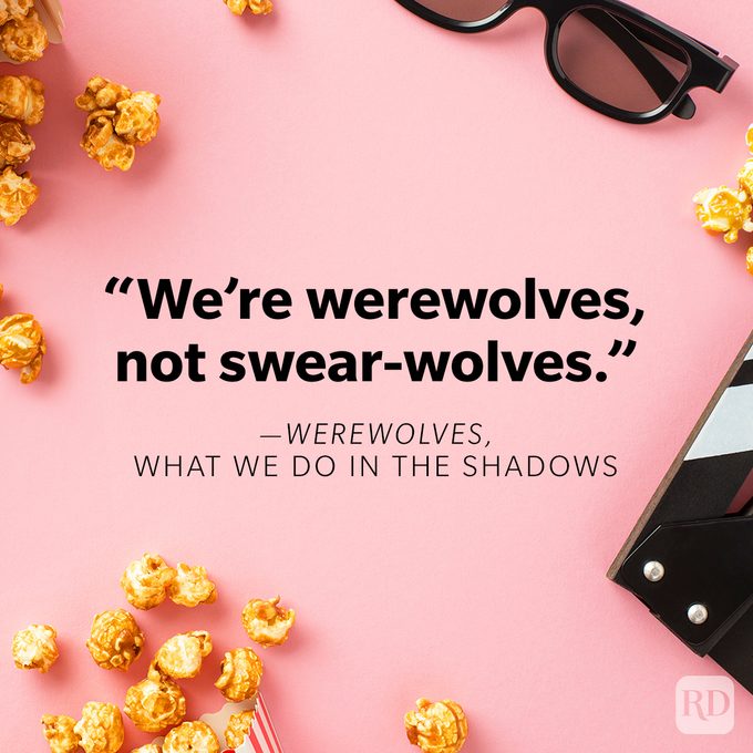 Funniest Movie Quotes Of All Time on movie theatre conceptual background with popcorn, 3d glasses and clapperboard on pink background