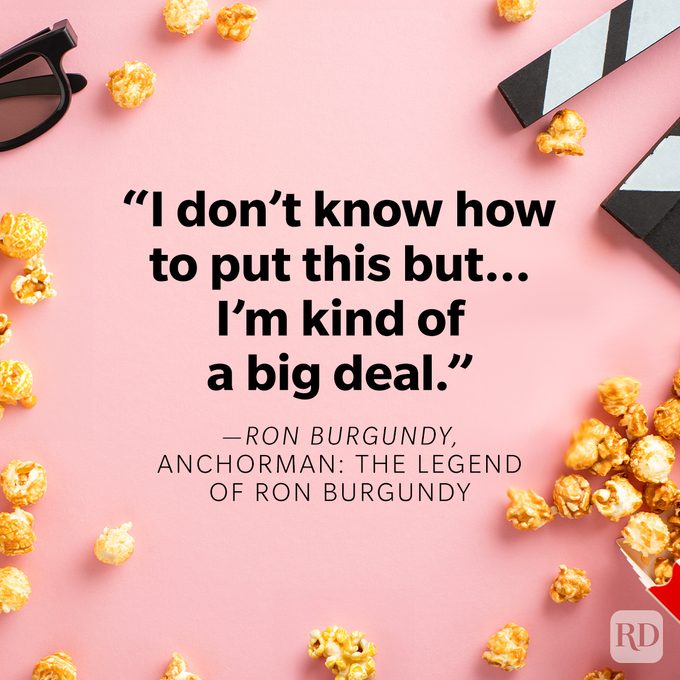 Funniest Movie Quotes Of All Time on movie theatre conceptual background with popcorn, 3d glasses and clapperboard on pink background