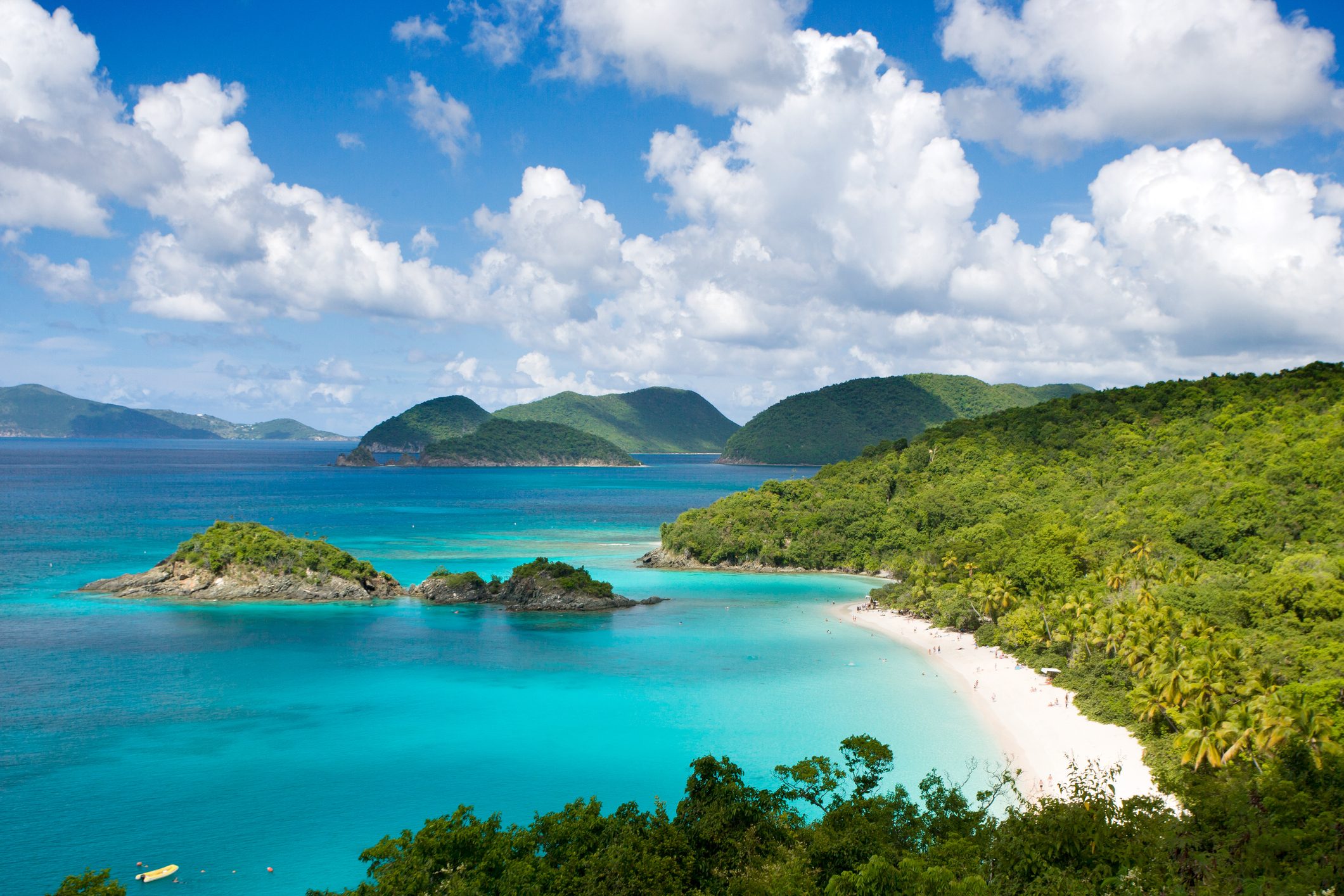 Trunk Bay vacation destination beach in St. John, Virgin Islands, caribbean. Beautiful scenic tropical paradise seascape.