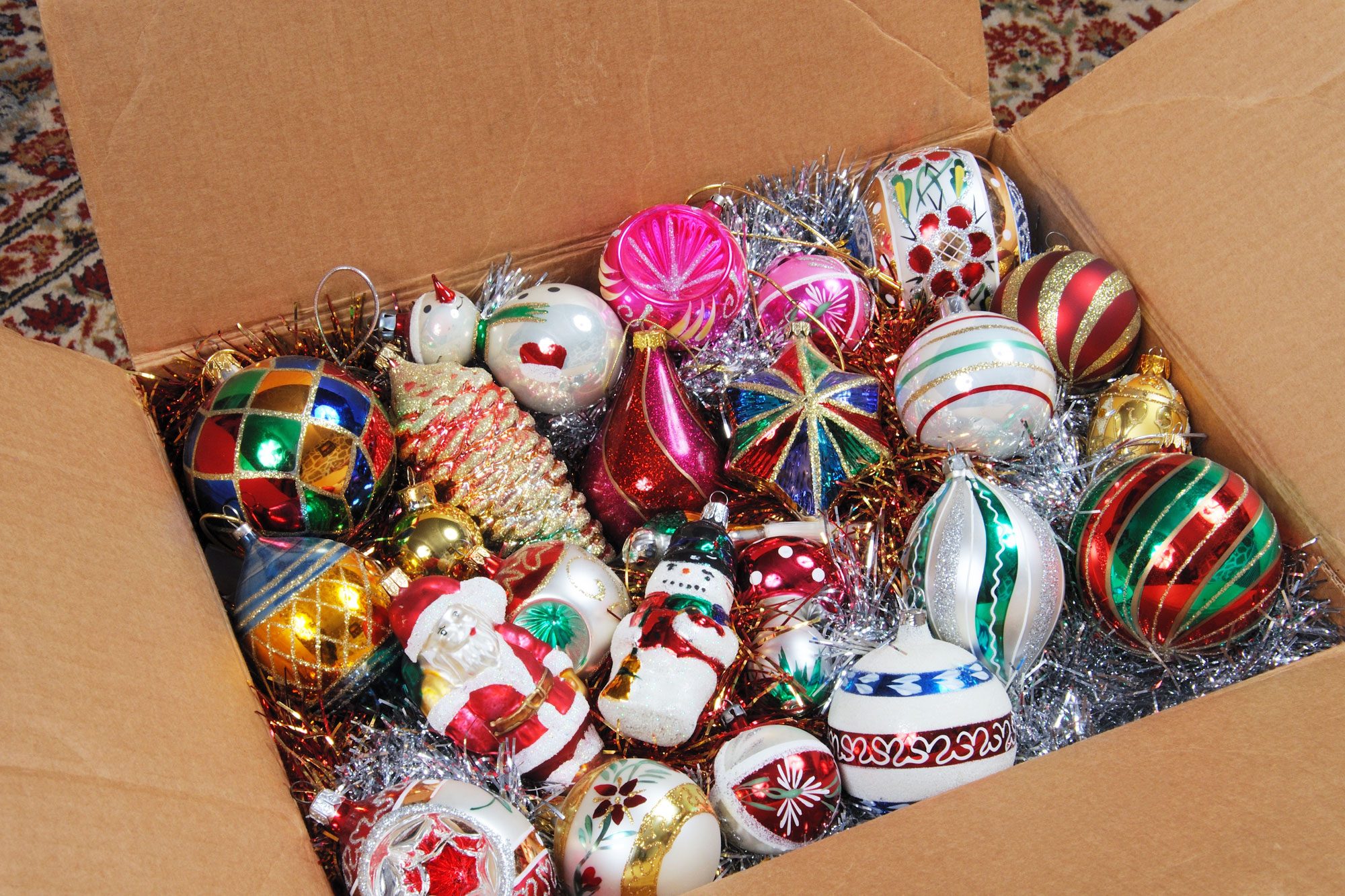 Glass Christmas Ornaments In Cardboard Box