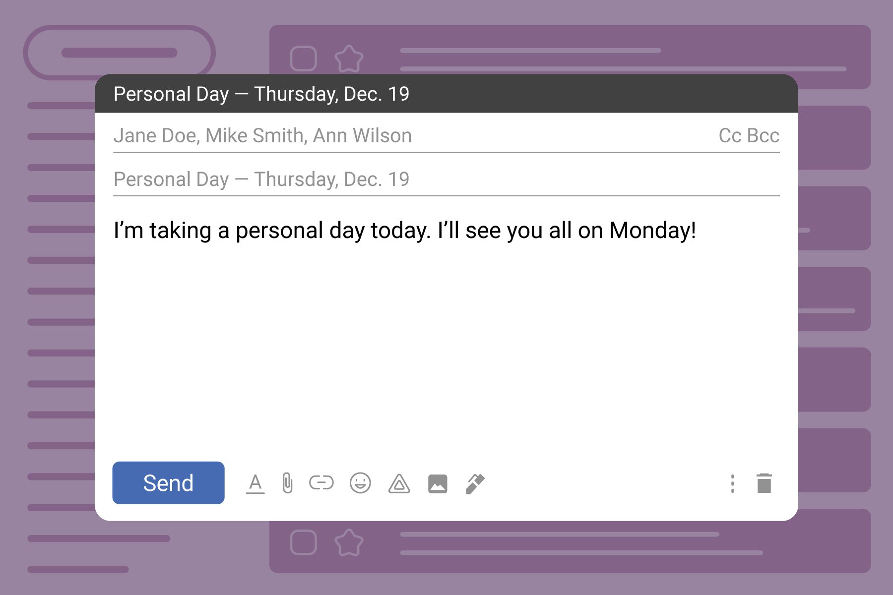 How To Write A Sick Day Leave Email plus Templates on purple email inbox background