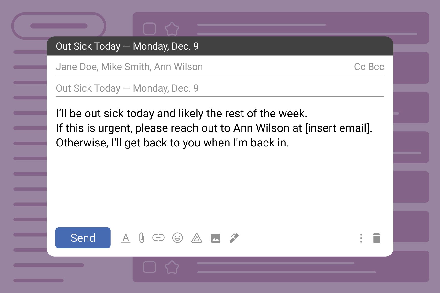 How To Write A Sick Day Leave Email plus Templates on purple email inbox background