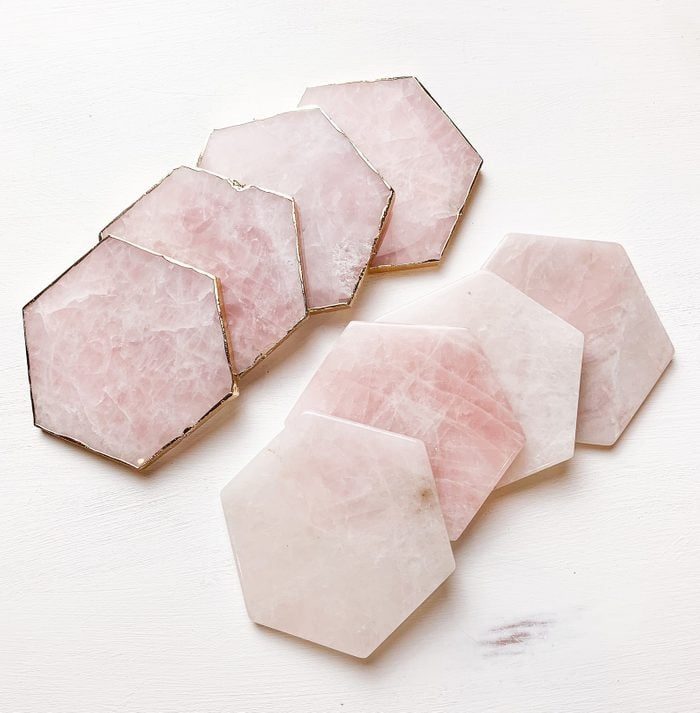 Melan Threads Designs Hexagon Pink Rose Quartz Slice Coaster Ecomm Via Etsy.com 