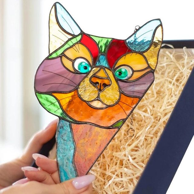 Peeking Cat Stained Glass Sun Catcher Ecomm