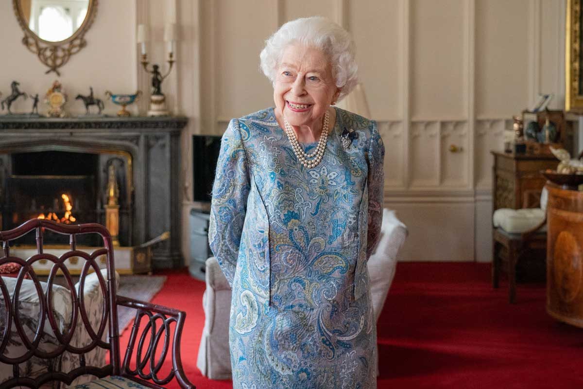 Queen Elizabeth II attends an audience with the President of Switzerland Ignazio Cassis (Not pictured) at Windsor Castle on April 28, 2022 in Windsor, England.