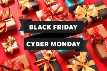 Black Friday Cyber Monday banner over a background of bright gifts tied with ribbons on a red background