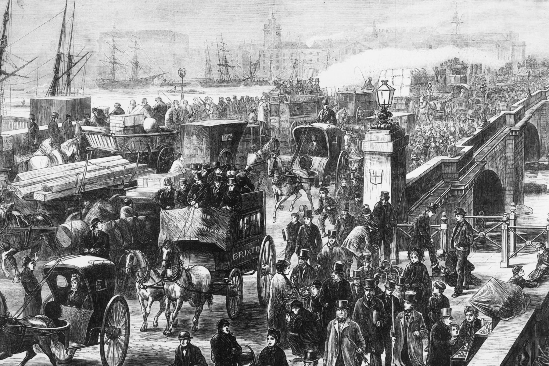 Traffic on London Bridge. Original Publication: Illustrated London News Original Artwork: By M W Ridley