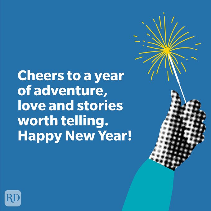 2025 New Year’s Toasts on blue background with modern illustration of hand holding firecracker