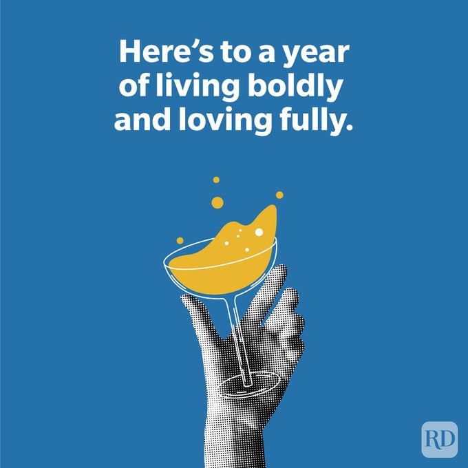 2025 New Year’s Toasts on purple background with modern illustration of hand holding glass of drink