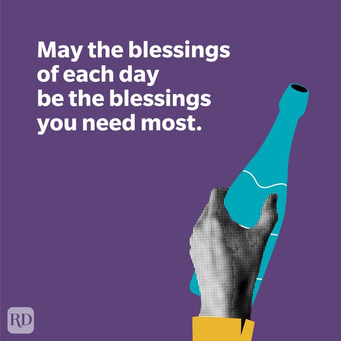 2025 New Year’s Toasts on purple background with modern illustration of hand holding bottle of Champagne