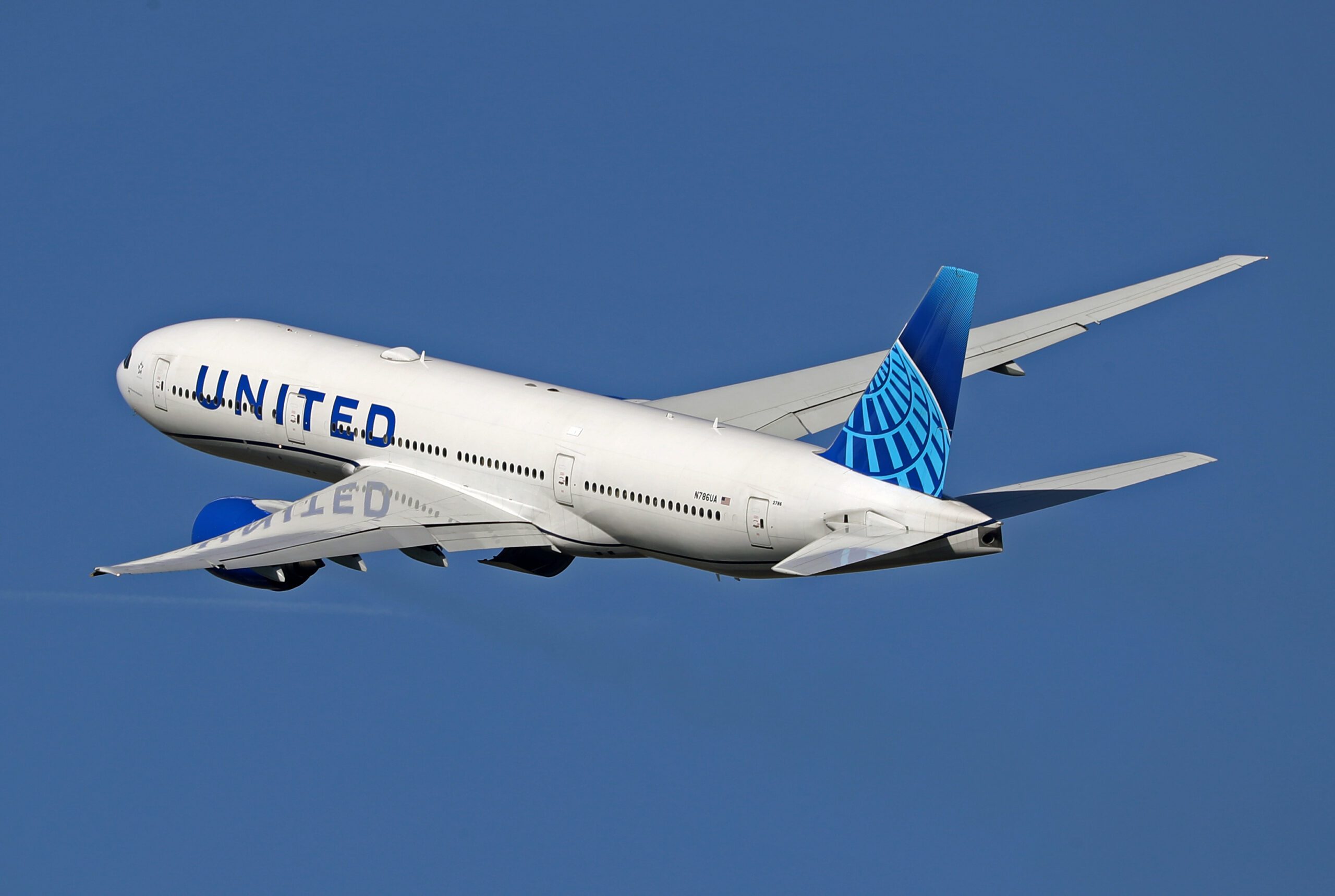 A Boeing 777-222(ER) from United Airlines is taking off from Barcelona Airport in Barcelona, Spain, on February 29, 2024.