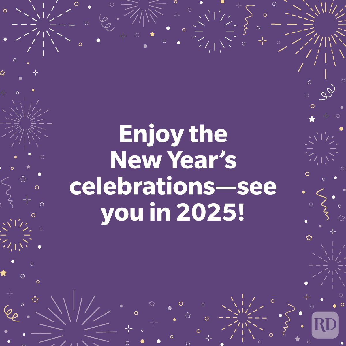 Happy New Year Wishes 2025 with an illustrated background of fireworks and confetti on solid purple color