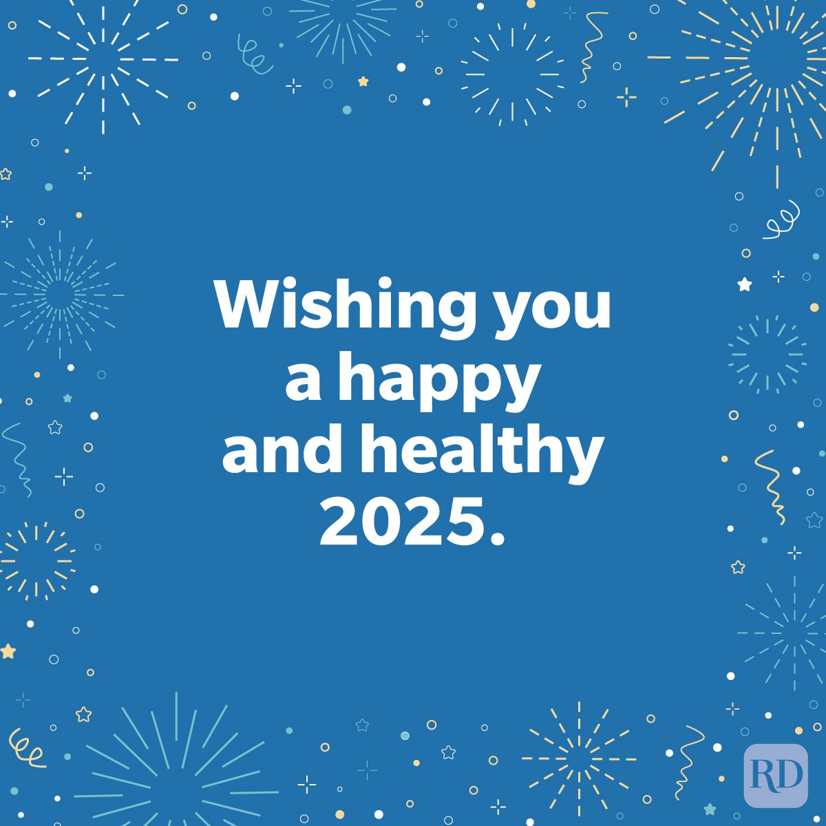 Happy New Year Wishes 2025 with an illustrated background of fireworks and confetti on solid blue color