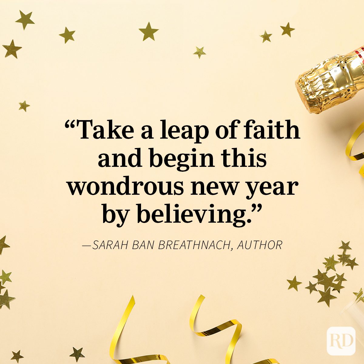 New Year's Quotes on confetti, sequin and champagne bottle background cream