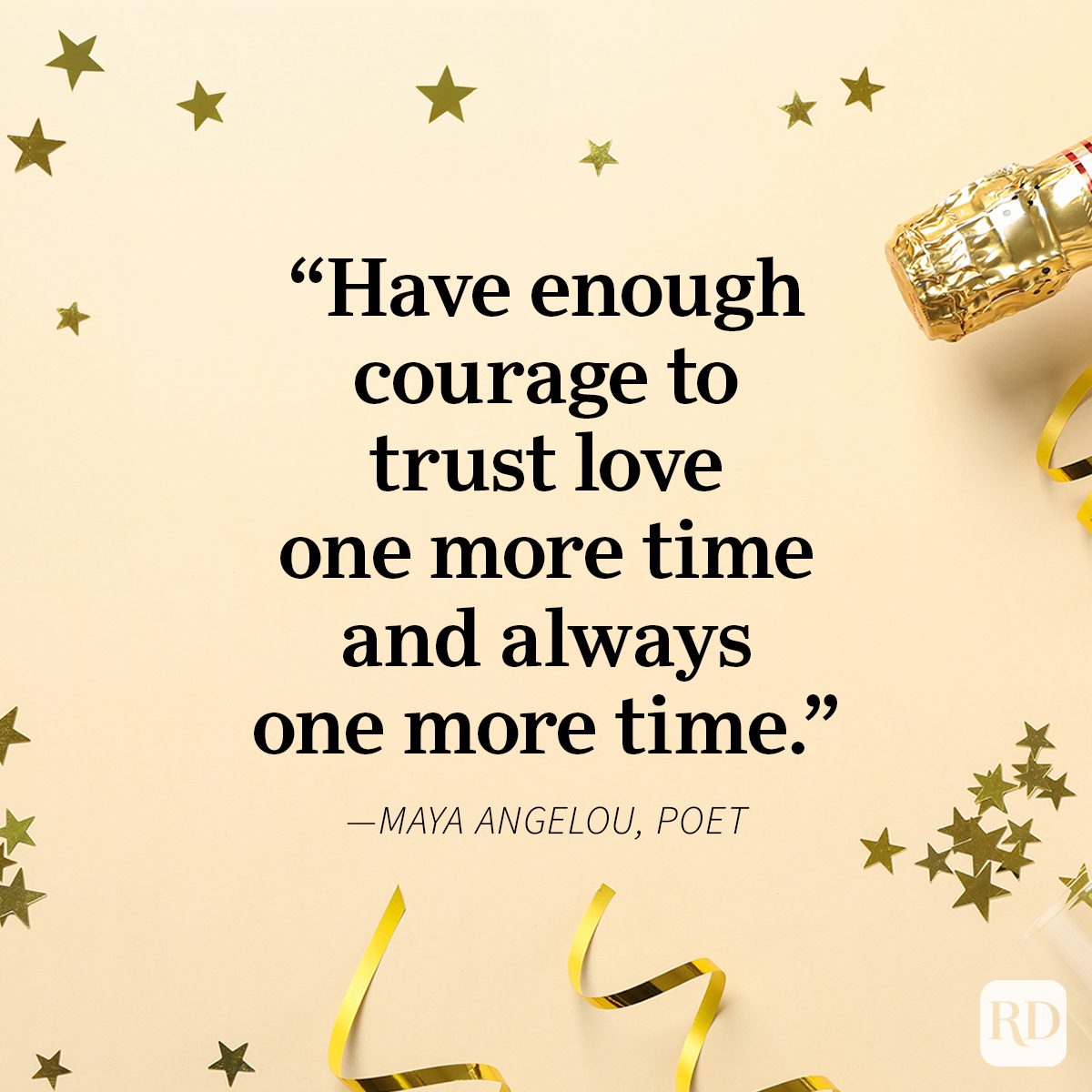 New Year's Quotes on confetti, sequin and champagne bottle background cream