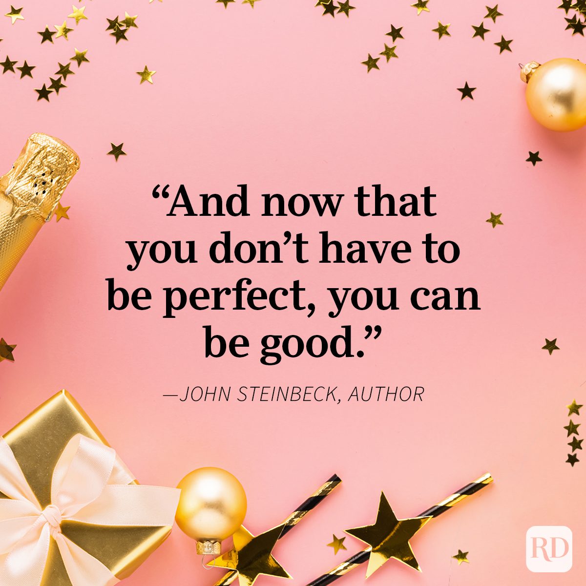 New Year's Quotes on confetti, sequin and champagne bottle background pink