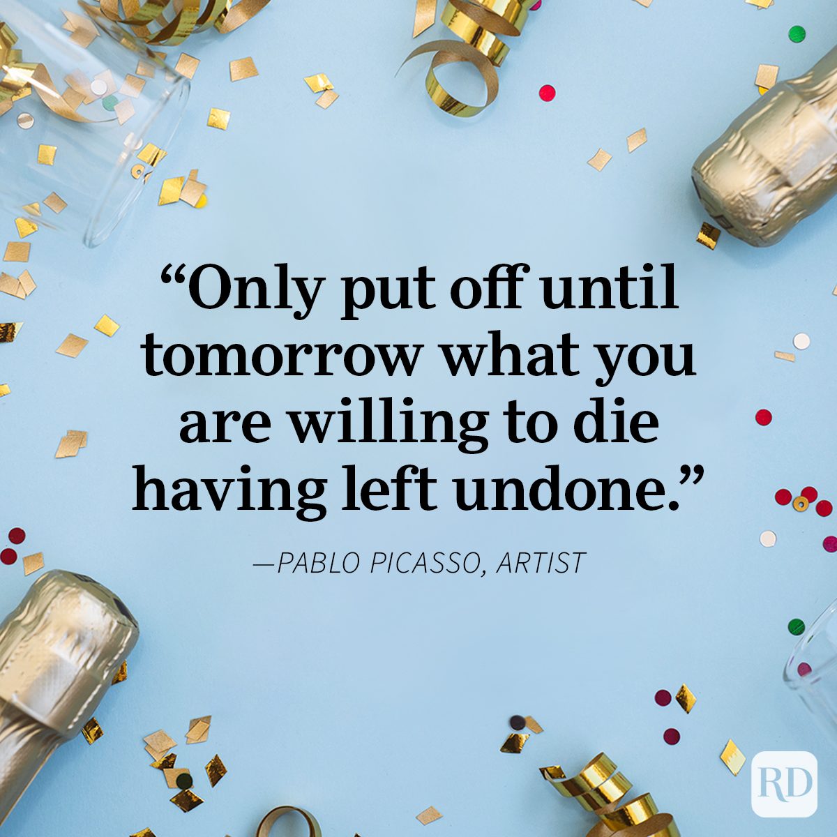 New Year's Quotes on confetti, sequin and champagne bottle background blue