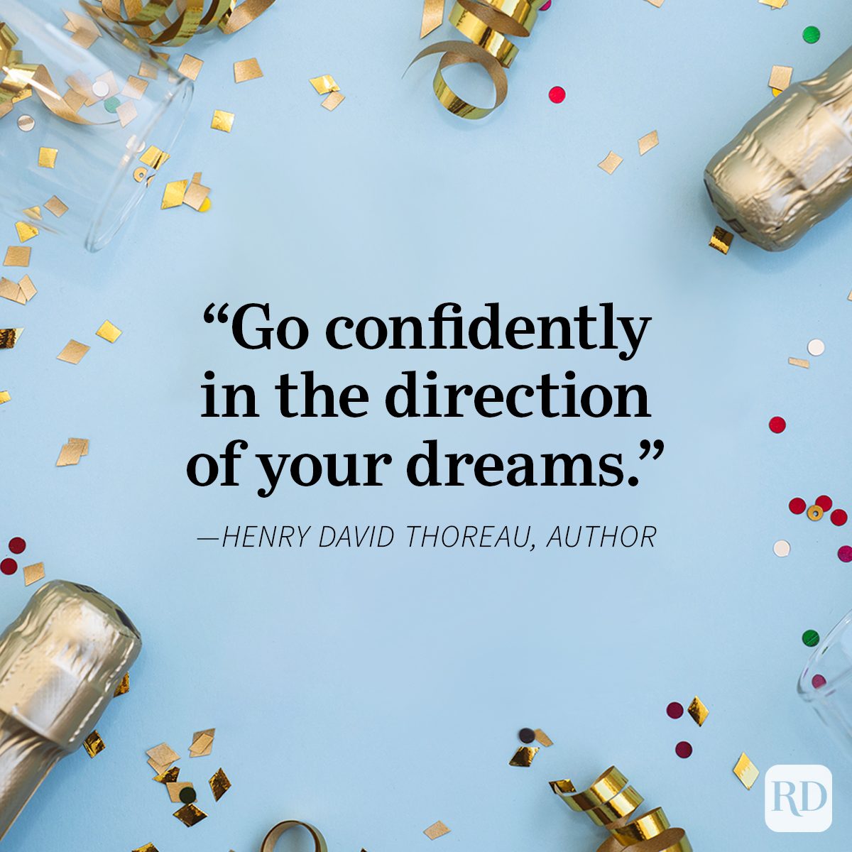 New Year's Quotes on confetti, sequin and champagne bottle background blue