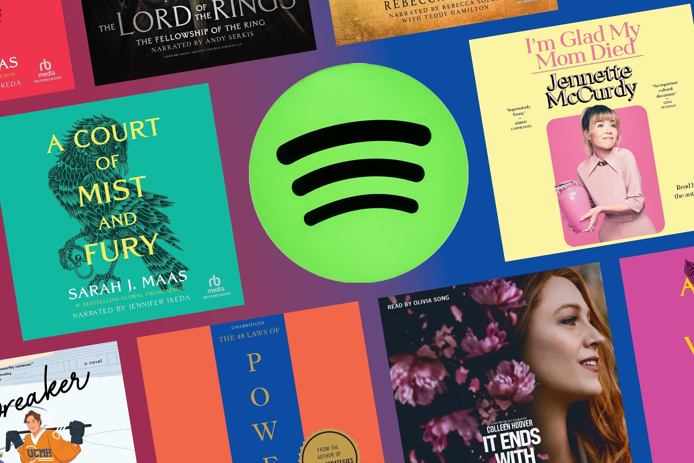 Multiple Covers of Spotify's Top Audiobooks of 2024 Arranged with the Spotify Logo on a Colorful Background