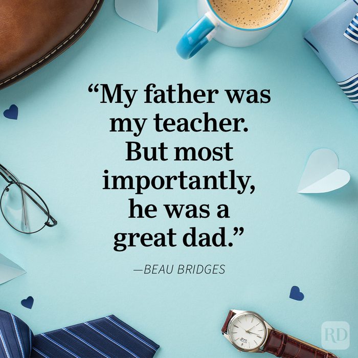Father's Day quotes on a pastel blue background with a frame of glasses, paper hearts, ties, coffee, watch.