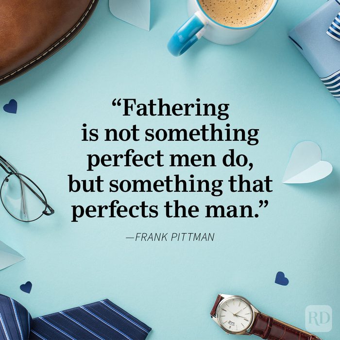 Father's Day quotes on a pastel blue background with a frame of glasses, paper hearts, ties, coffee, watch.