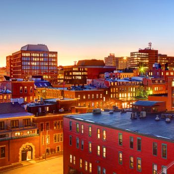 Downtown Portland, Maine, with a clear sky in the evening