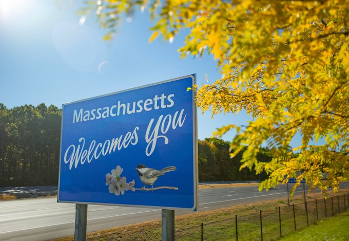 A blue road sign that says "Massachusetts Welcomes You" next to a yellow tree
