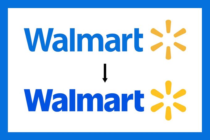 Two Walmart logos, including the yellow sparks, from the 2008 rebrand on top and the 2025 rebrand on the bottom, with a black arrow in the middle and a blue border