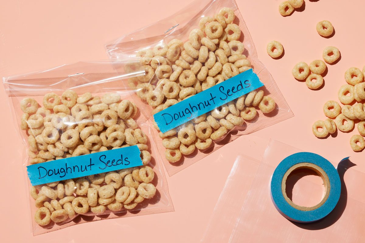 Overhead shot of Doughnut seeds; handful of Cheerios in each of a few small cellophane bags stapled shut with a label Doughnut Seeds; light orange surface;