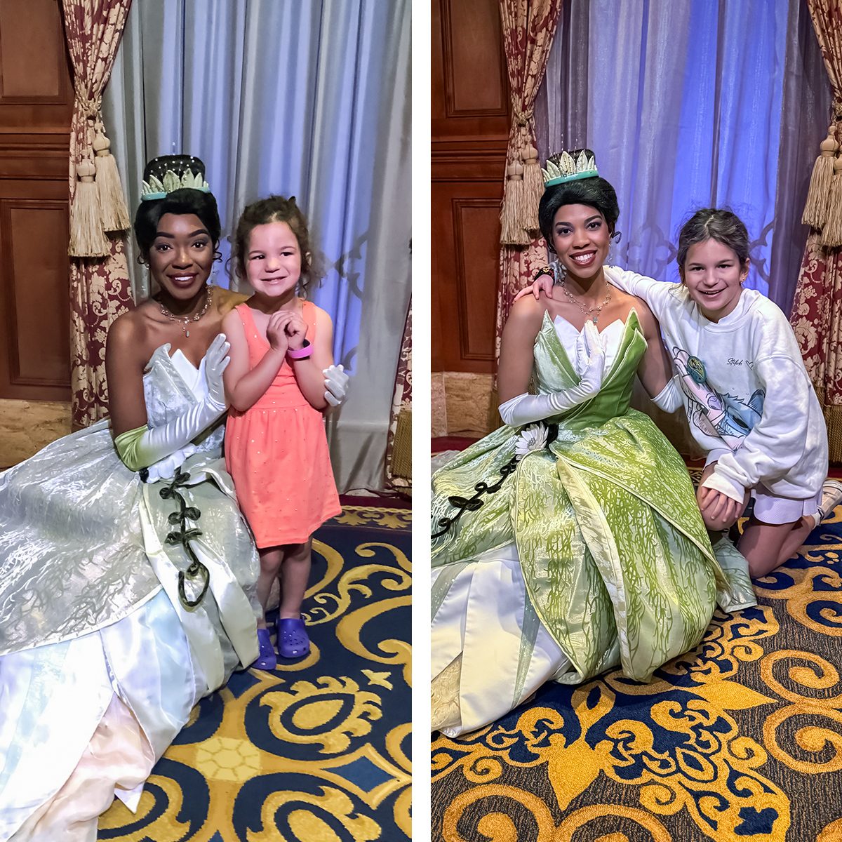 Two photos side by side: On the left, a young girl in an orange dress poses with a woman in a princess costume. On the right, an older girl in a white sweatshirt poses with the same woman in a green and white princess costume.