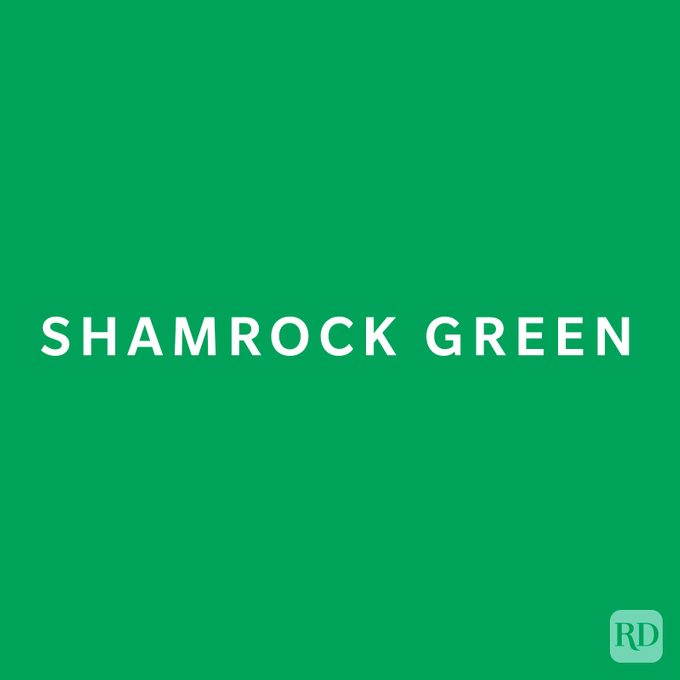 A solid green background with the words "SHAMROCK GREEN" in white, centered in the middle. There's a small "RD" logo in the bottom right corner.