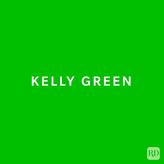 Bright green background with the words "KELLY GREEN" in white, centered. A small "RD" logo is in the bottom right corner.