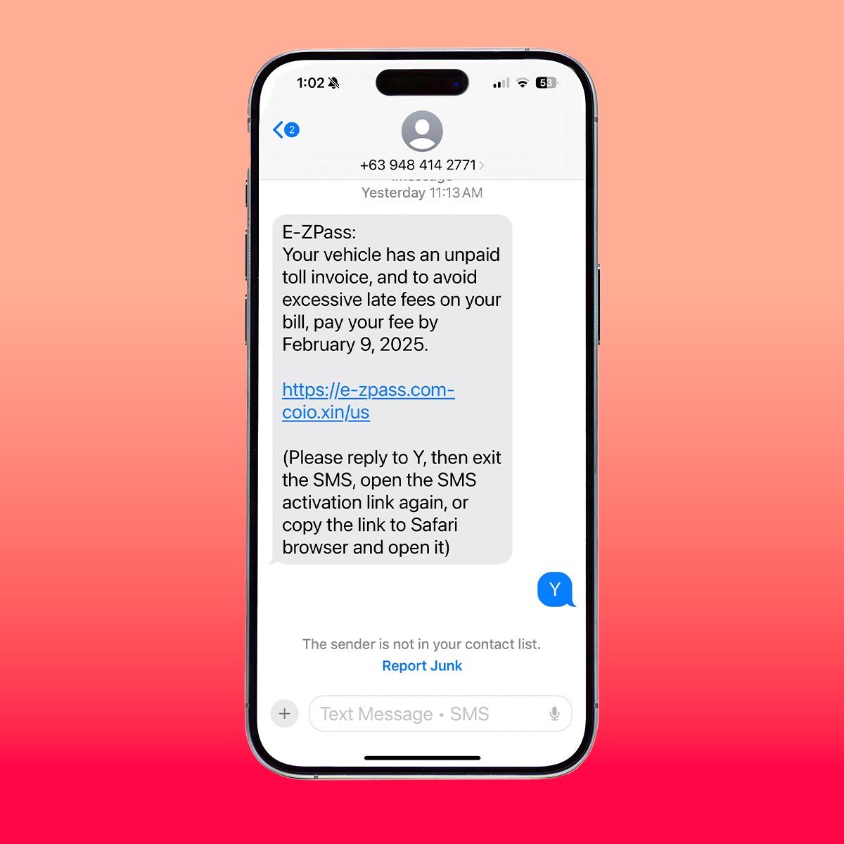 iPhone containing an EZ-pass toll scam text on a red background